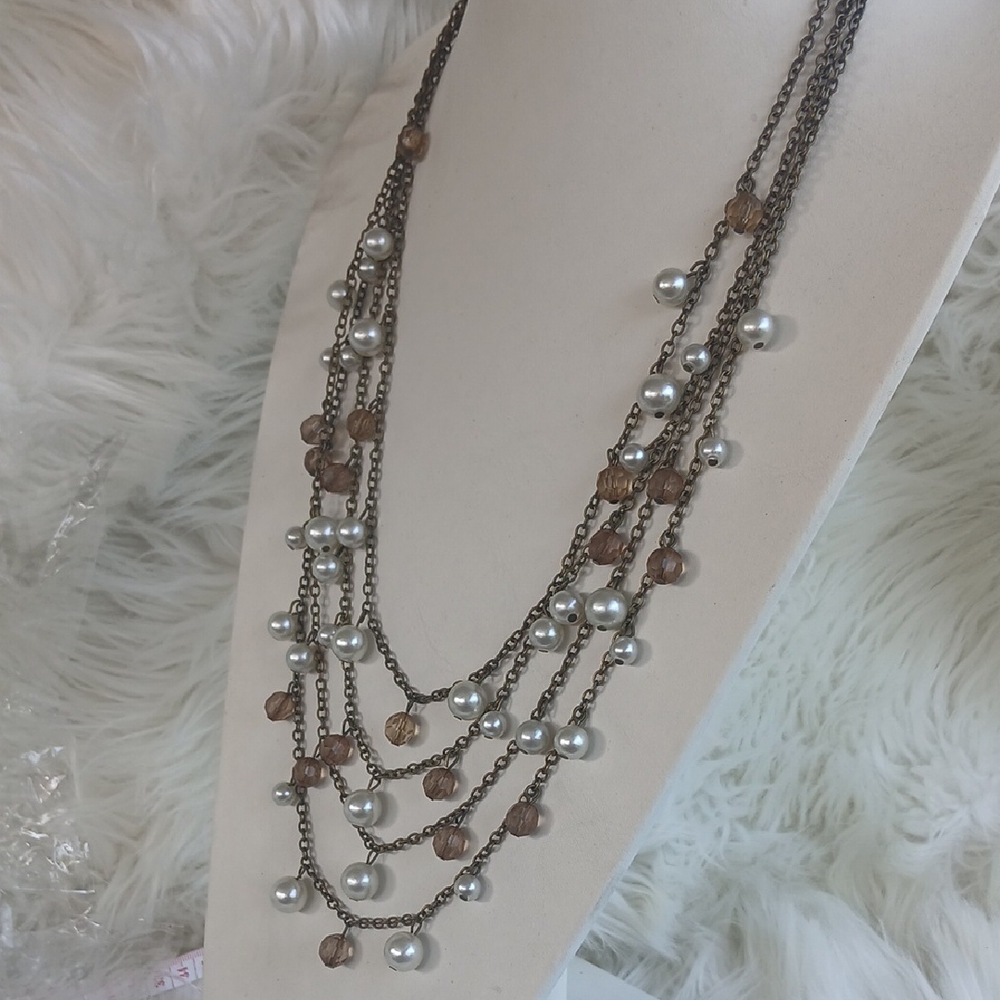 Paparazzi Layered Pearl and Brown Bead Brass Necklace LONG - Picture 2 of 9